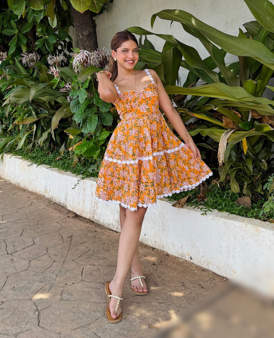 Yellow & White Floral Block Printed Cotton Short Dress with Lace Straps