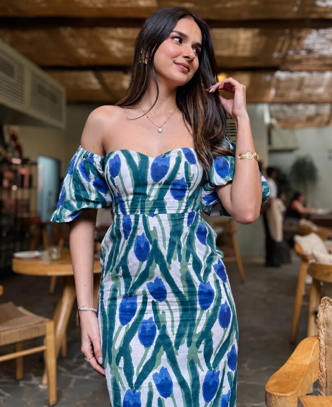 Blue & Green Tulip Floral Puff Sleeve Cotton Maxi Dress