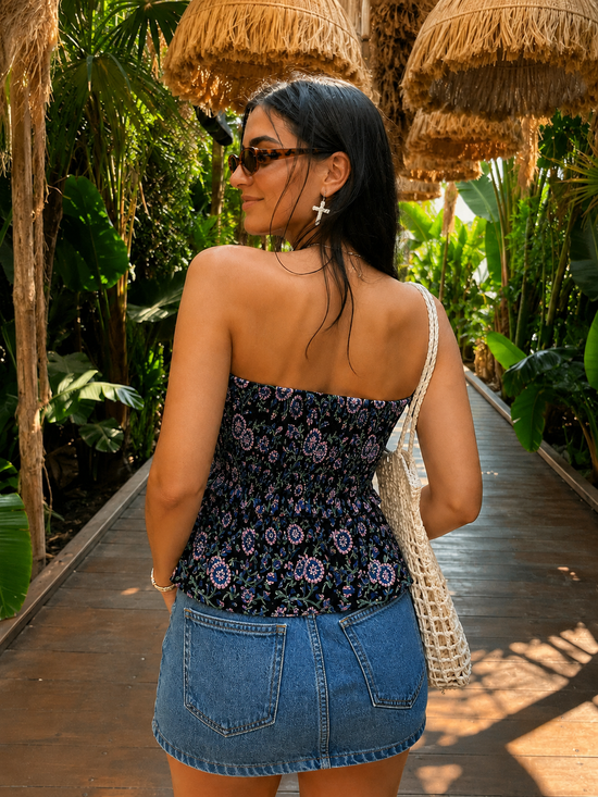 Black Smocking Tube Top with Boho Lace