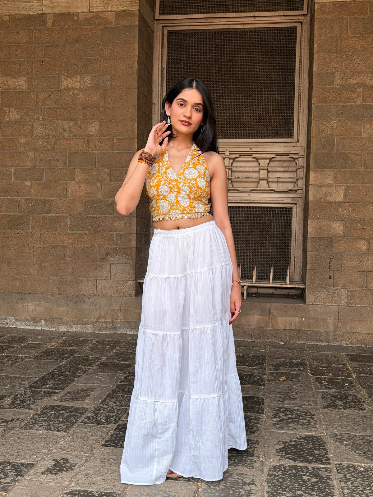 Yellow and White Floral Halter Top with Back Smocking & Lace Detailing