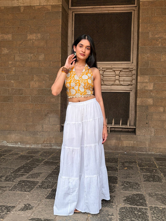 Yellow and White Floral Halter Top with Back Smocking & Lace Detailing
