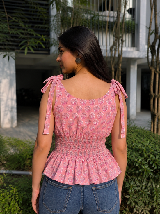 Pink Floral Printed Smocked Tie-Up Top