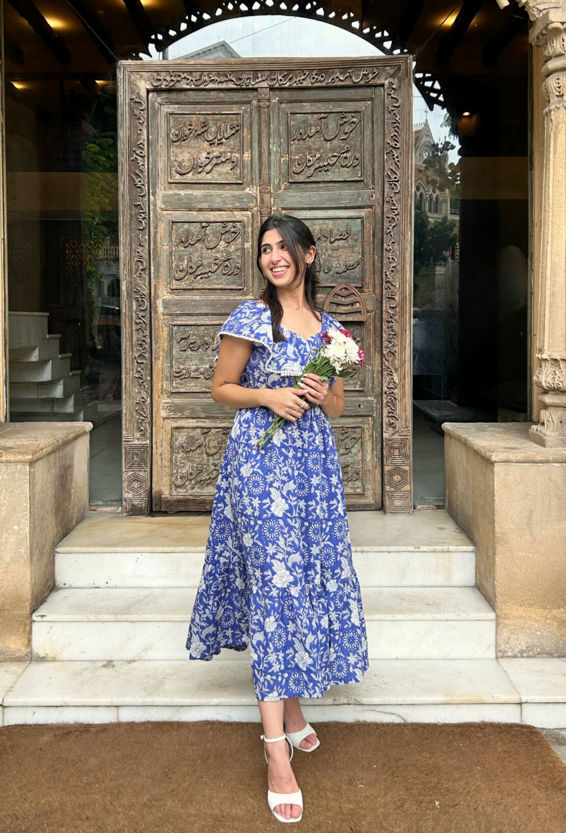 Blue and White Hand Printed Maxi Dress with Pocket