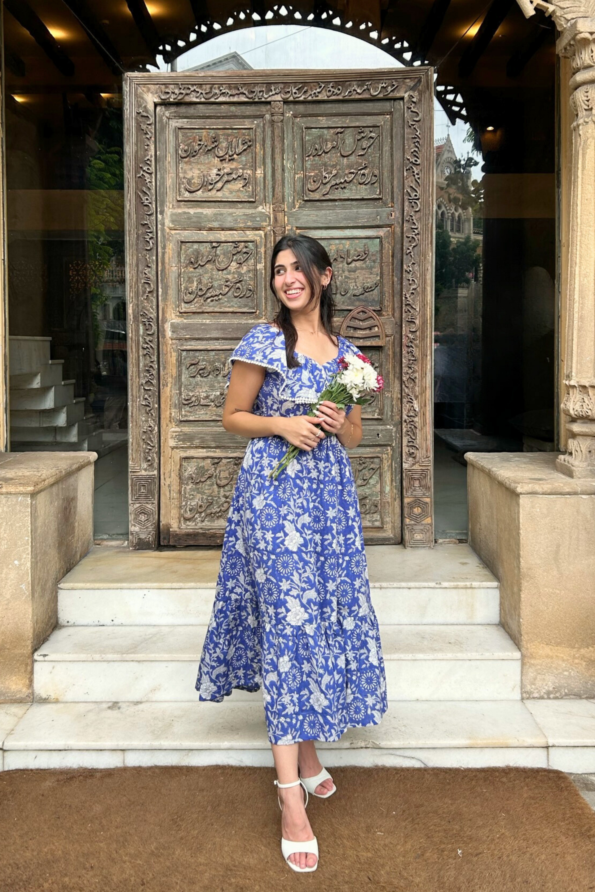Blue and White Hand Printed Maxi Dress with Pocket AMARAA