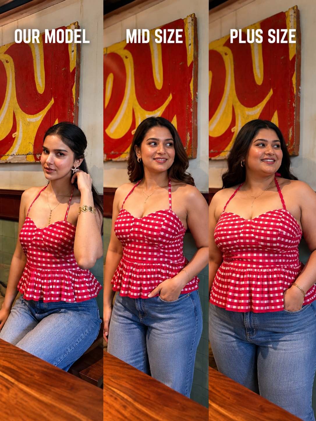 Pink & White Checkered Cotton Halter Top with Tie-Up & Smocking