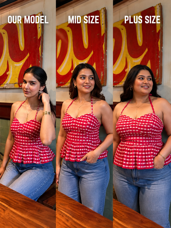 Pink & White Checkered Cotton Halter Top with Tie-Up & Smocking