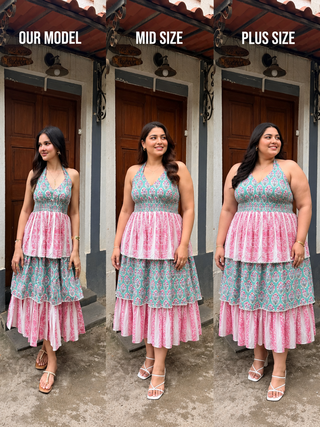 Pink & Green Floral Stripe Cotton Maxi Dress with Tie-Up & Back Smocking