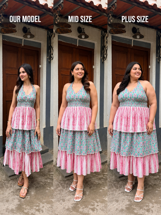 Pink & Green Floral Stripe Cotton Maxi Dress with Tie-Up & Back Smocking