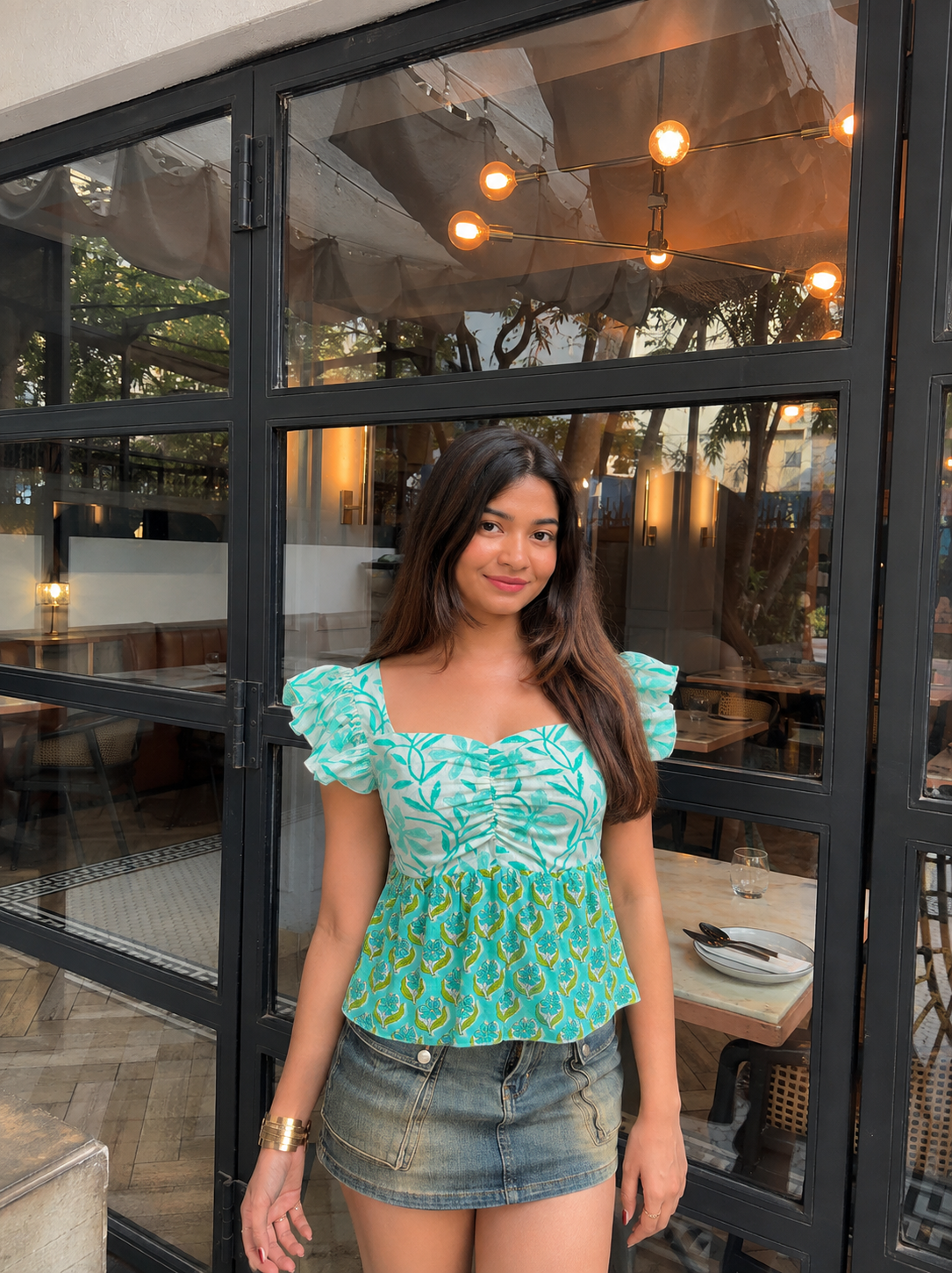 Aqua Green Floral Printed Peplum Top with Back Smocking