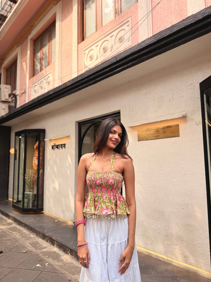 Green and Pink Floral Tube Top with Halter Tie-Up & Mirror Lace