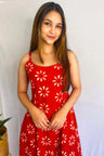 Red A-Line Cotton Hand-Block Print Midi Dress With Pocket and Adjustable Straps AMARAA