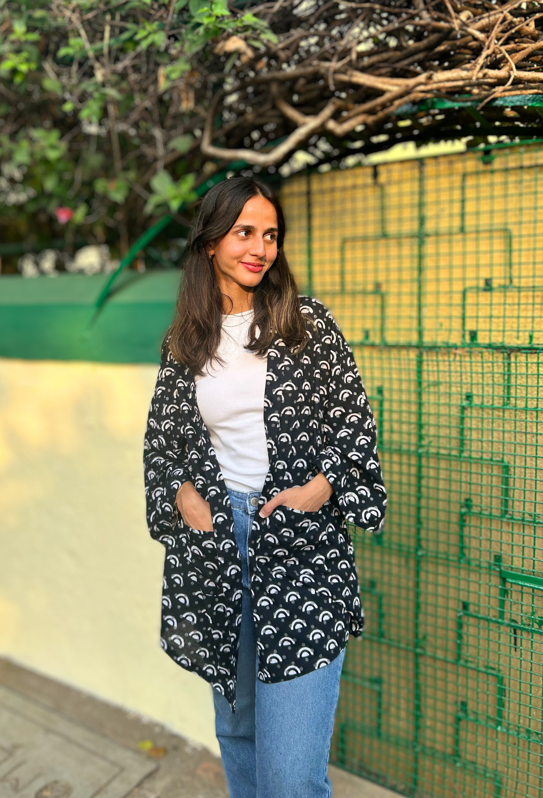 Black And White Pure Cotton Geometric Hand-Printed  Shrug