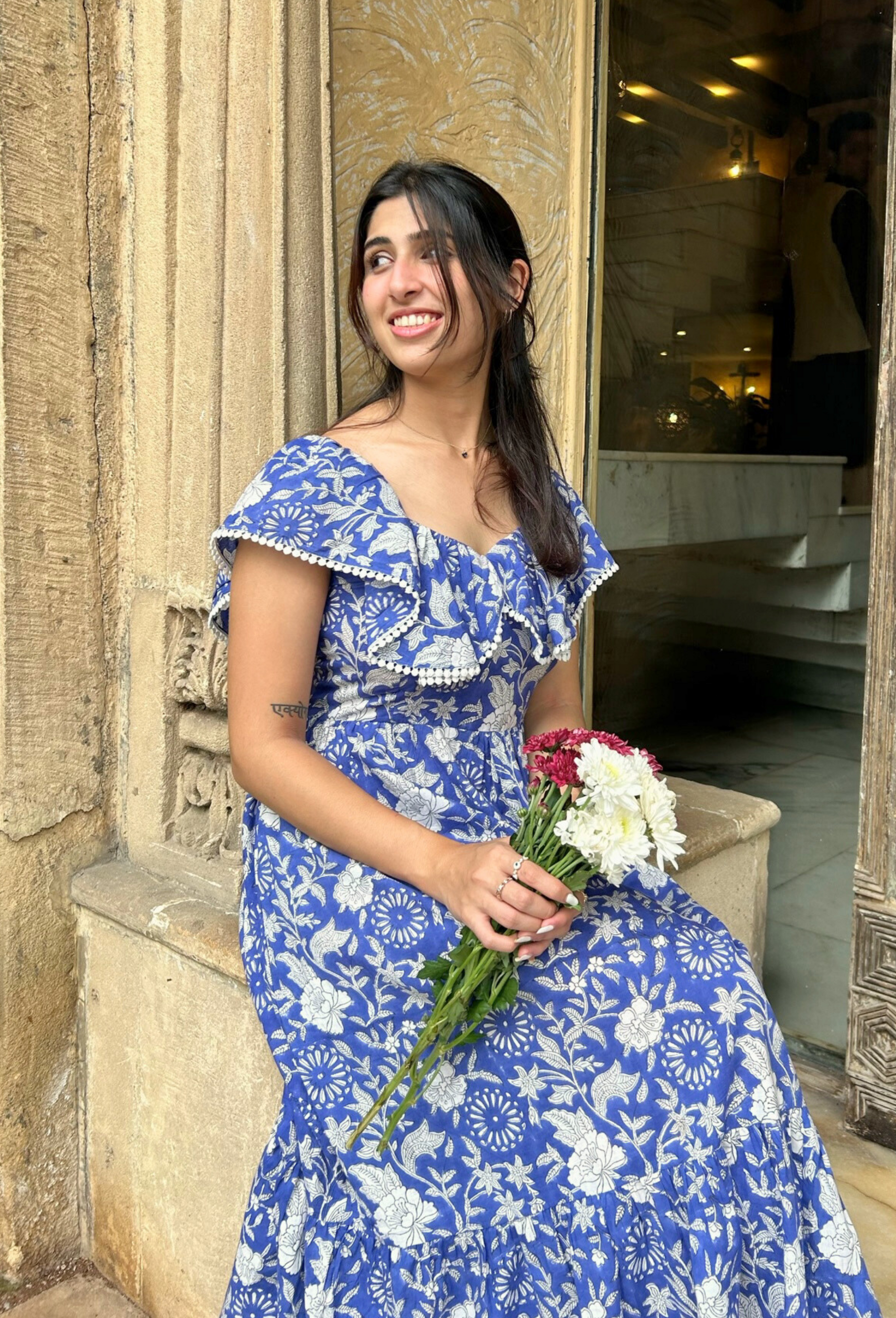 Blue and White Hand Printed Maxi Dress with Pocket