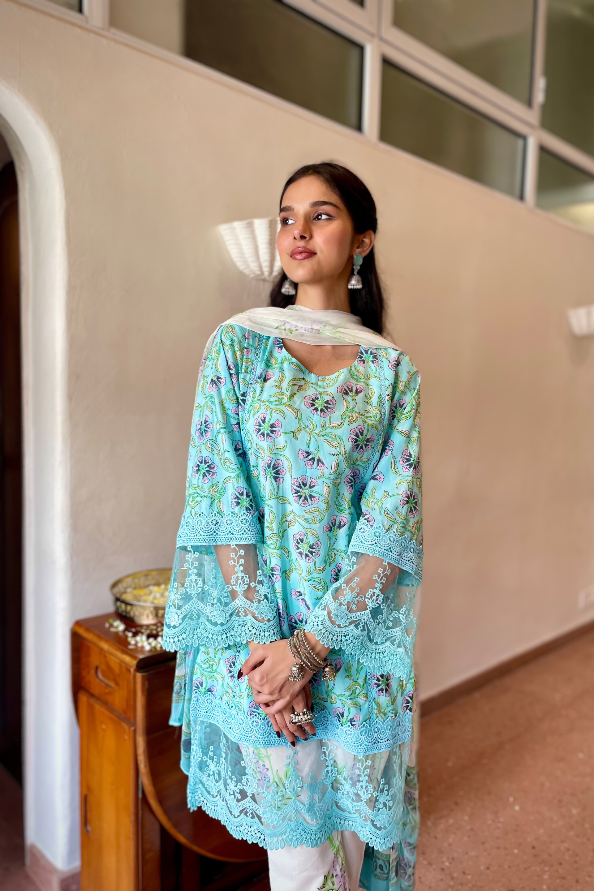 Blue and Lilac Cotton Kurta Set with Floral Print