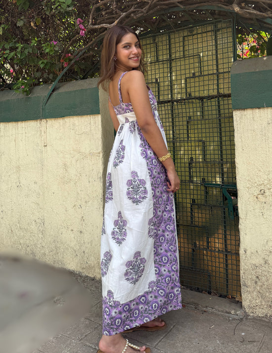 Purple & White Dual Print Block Printed Cotton Maxi Dress with Side Zipper
