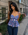 Blue Floral Printed Back Smocking Tie Up Top