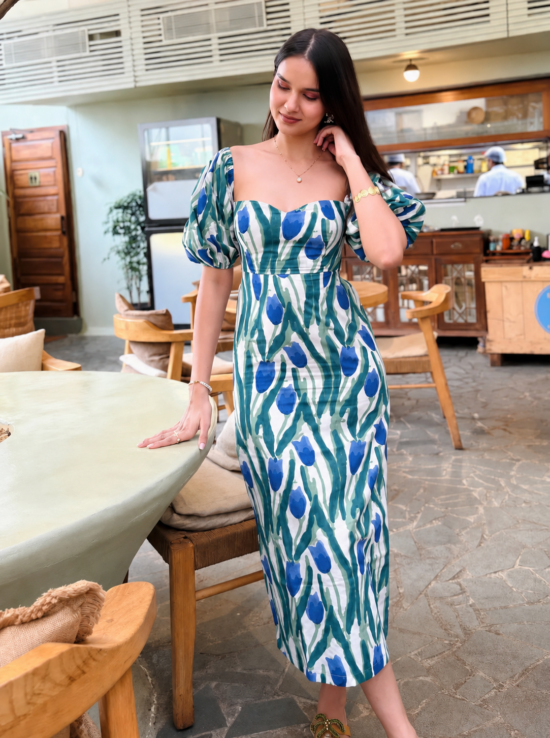 Blue & Green Tulip Floral Puff Sleeve Cotton Maxi Dress