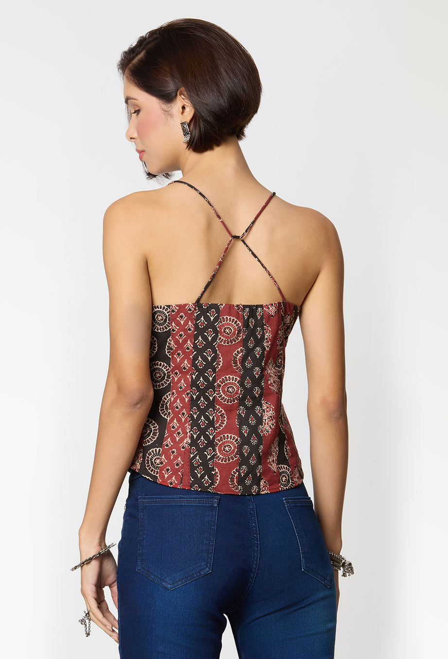 Black & Red Ajrak Printed Spaghetti Top with Coin Lace Detailing