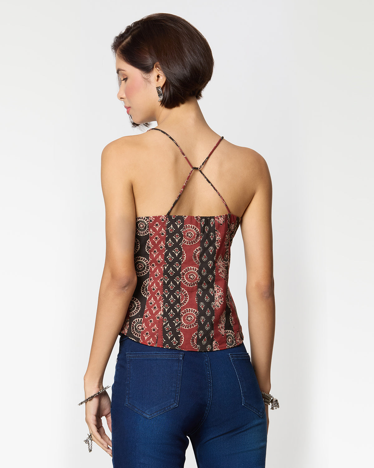 Black & Red Ajrak Printed Spaghetti Top with Coin Lace Detailing