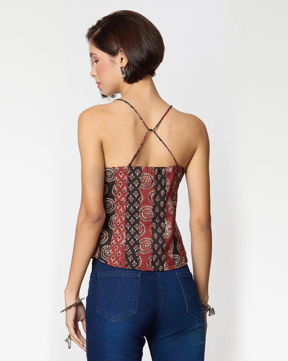 Black & Red Ajrak Printed Spaghetti Top with Coin Lace Detailing Desi Core