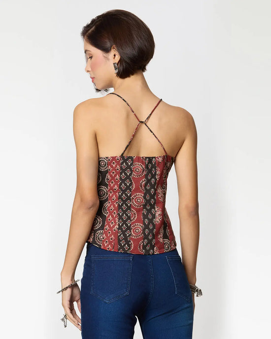 Black & Red Ajrak Printed Spaghetti Top with Coin Lace Detailing Desi Core