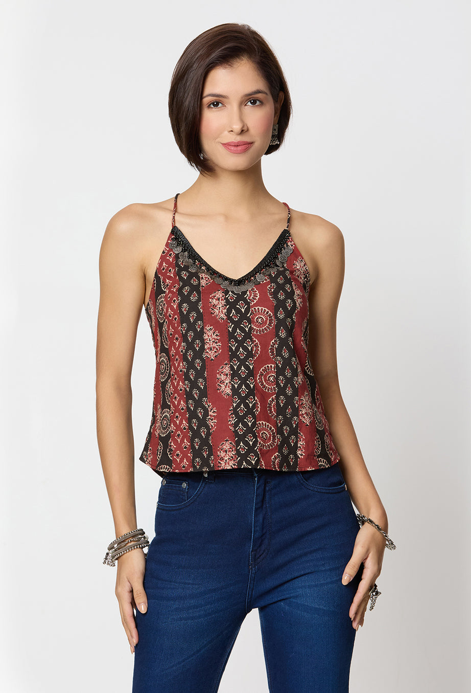 Black & Red Ajrak Printed Spaghetti Top with Coin Lace Detailing