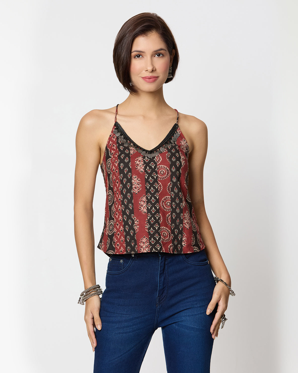 Black & Red Ajrak Printed Spaghetti Top with Coin Lace Detailing