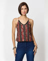 Black & Red Ajrak Printed Spaghetti Top with Coin Lace Detailing Desi Core