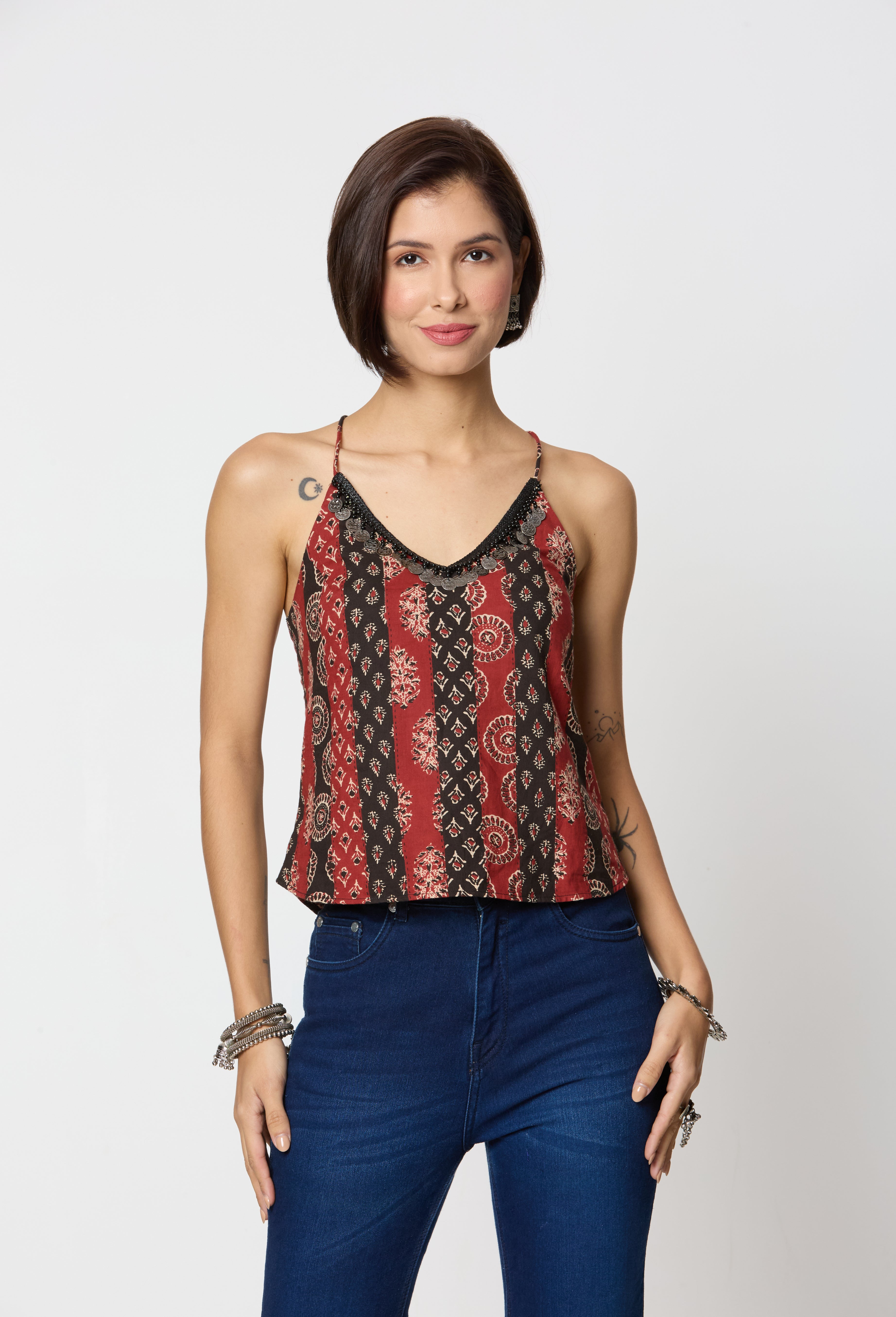Black & Red Ajrak Printed Spaghetti Top with Coin Lace Detailing