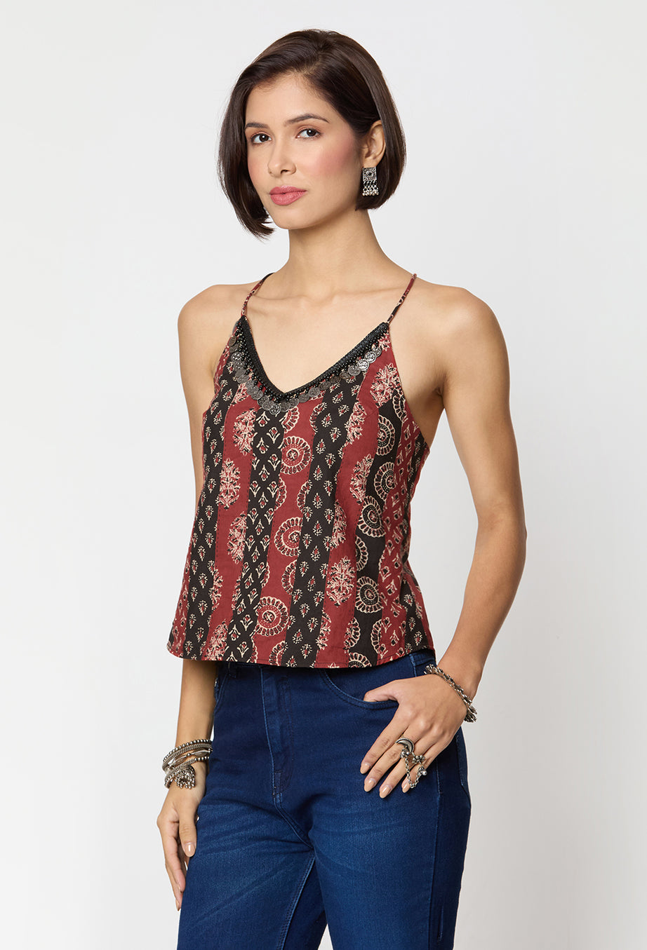 Black & Red Ajrak Printed Spaghetti Top with Coin Lace Detailing
