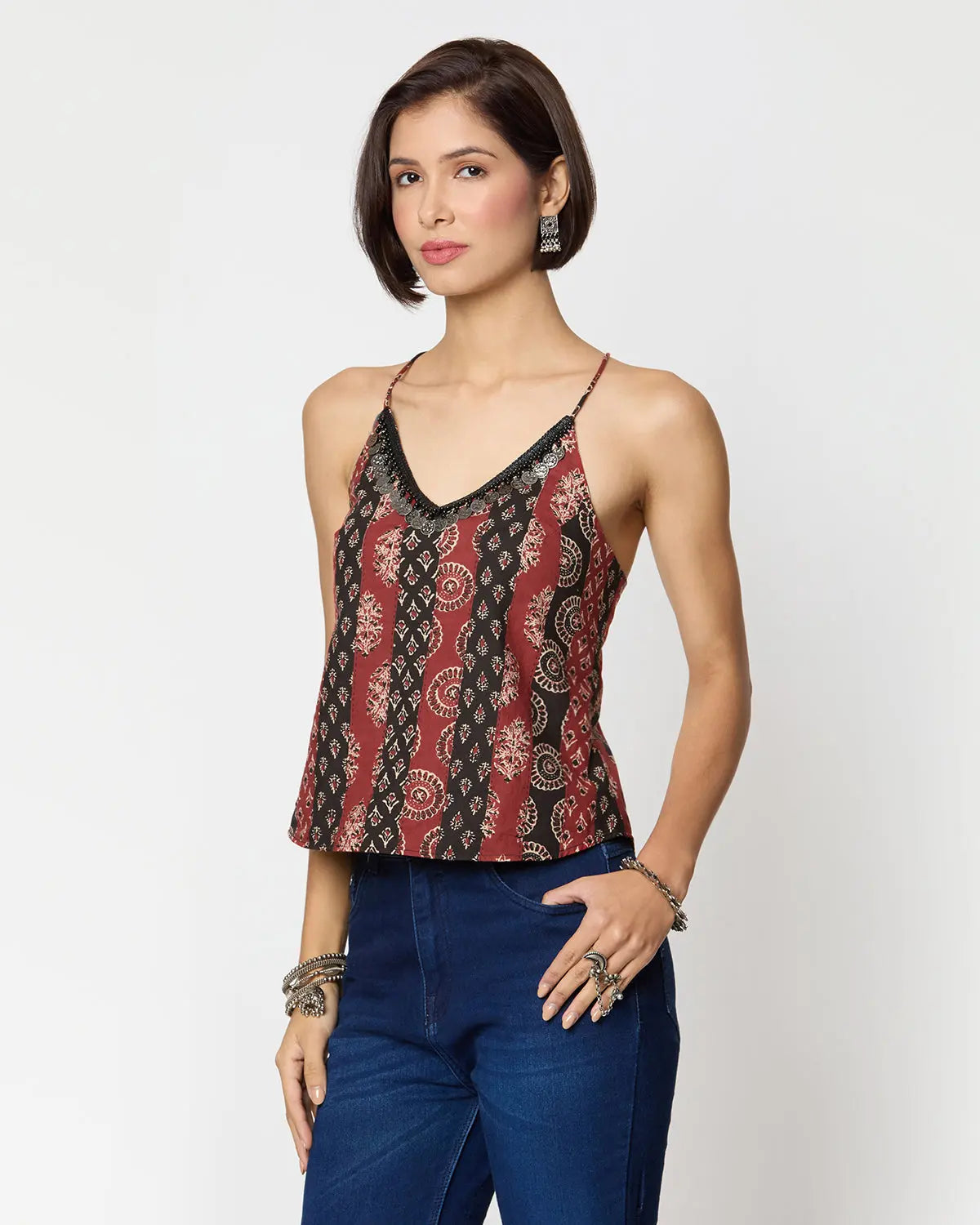 Black & Red Ajrak Printed Spaghetti Top with Coin Lace Detailing Desi Core
