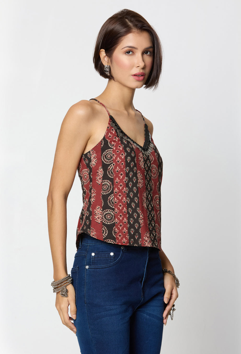 Black & Red Ajrak Printed Spaghetti Top with Coin Lace Detailing