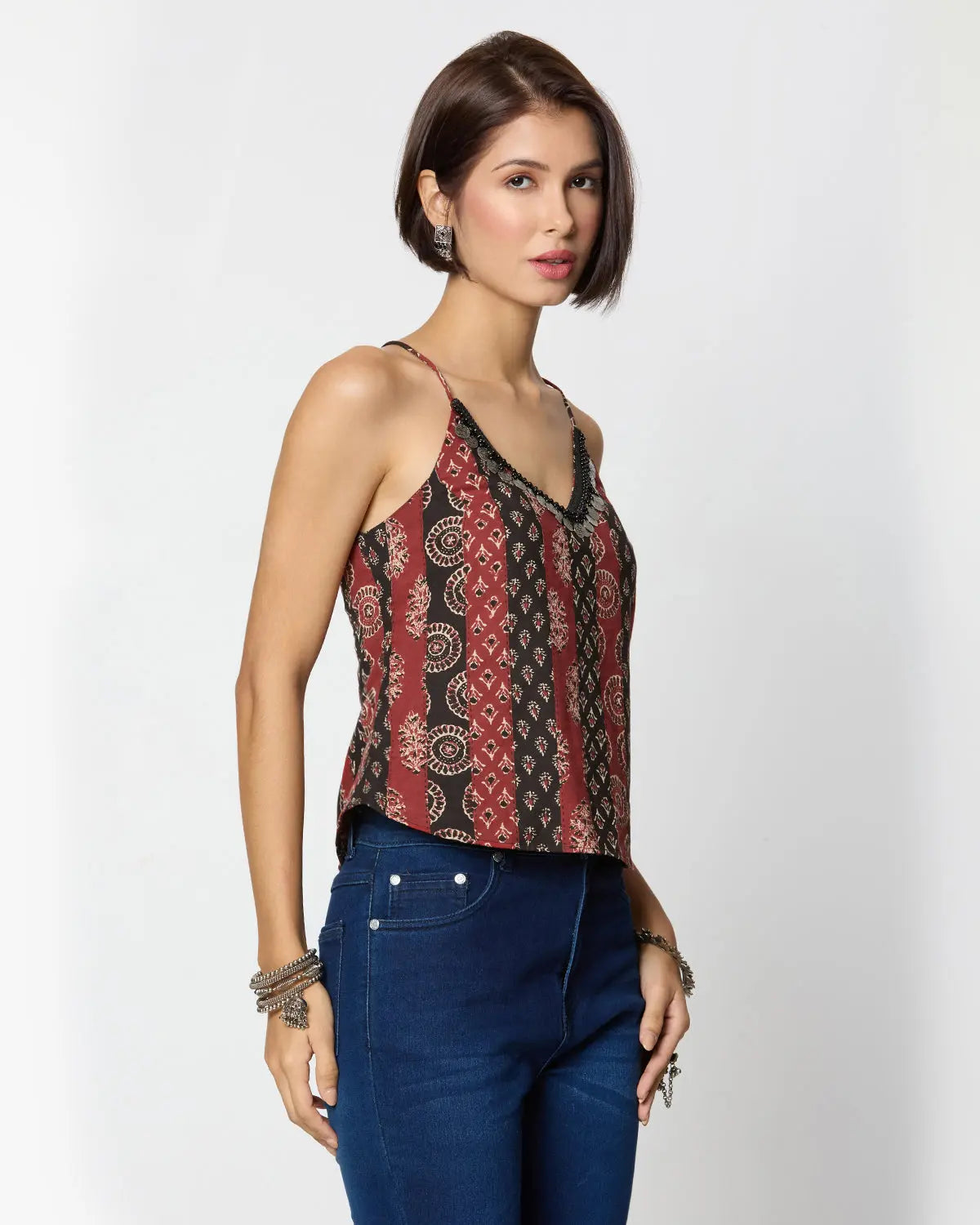 Black & Red Ajrak Printed Spaghetti Top with Coin Lace Detailing Desi Core