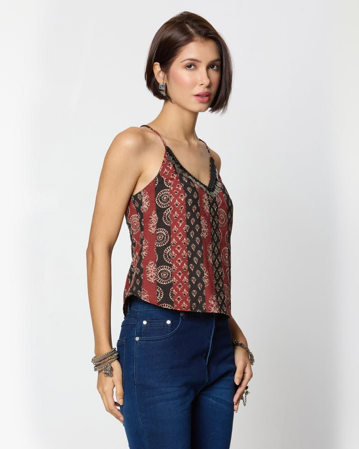 Black & Red Ajrak Printed Spaghetti Top with Coin Lace Detailing Desi Core