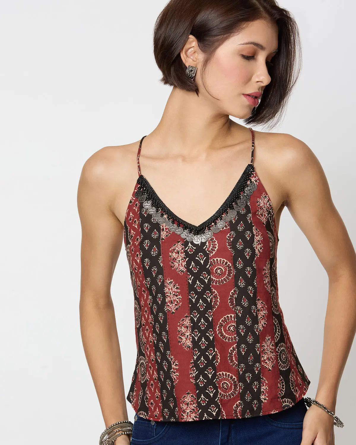 Black & Red Ajrak Printed Spaghetti Top with Coin Lace Detailing Desi Core