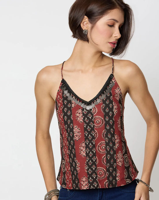 Black & Red Ajrak Printed Spaghetti Top with Coin Lace Detailing Desi Core