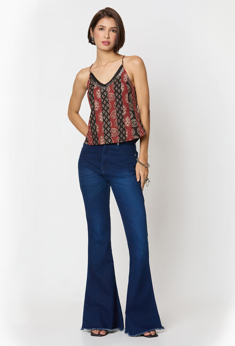 Black & Red Ajrak Printed Spaghetti Top with Coin Lace Detailing