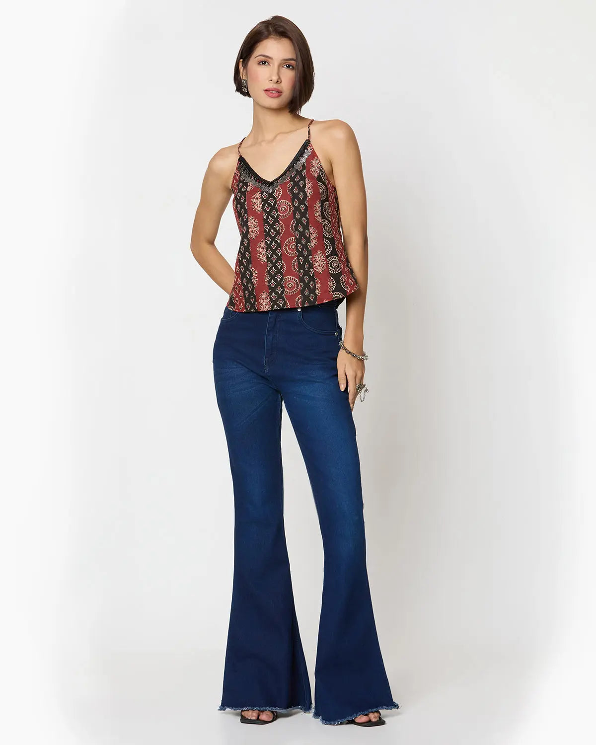 Black & Red Ajrak Printed Spaghetti Top with Coin Lace Detailing Desi Core