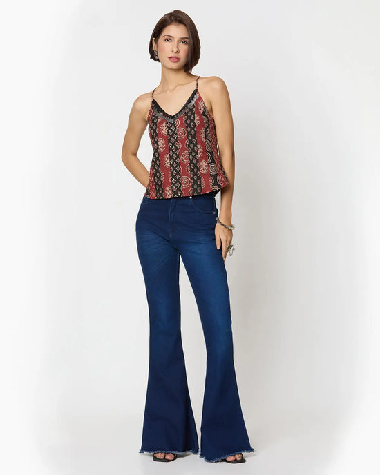 Black & Red Ajrak Printed Spaghetti Top with Coin Lace Detailing Desi Core