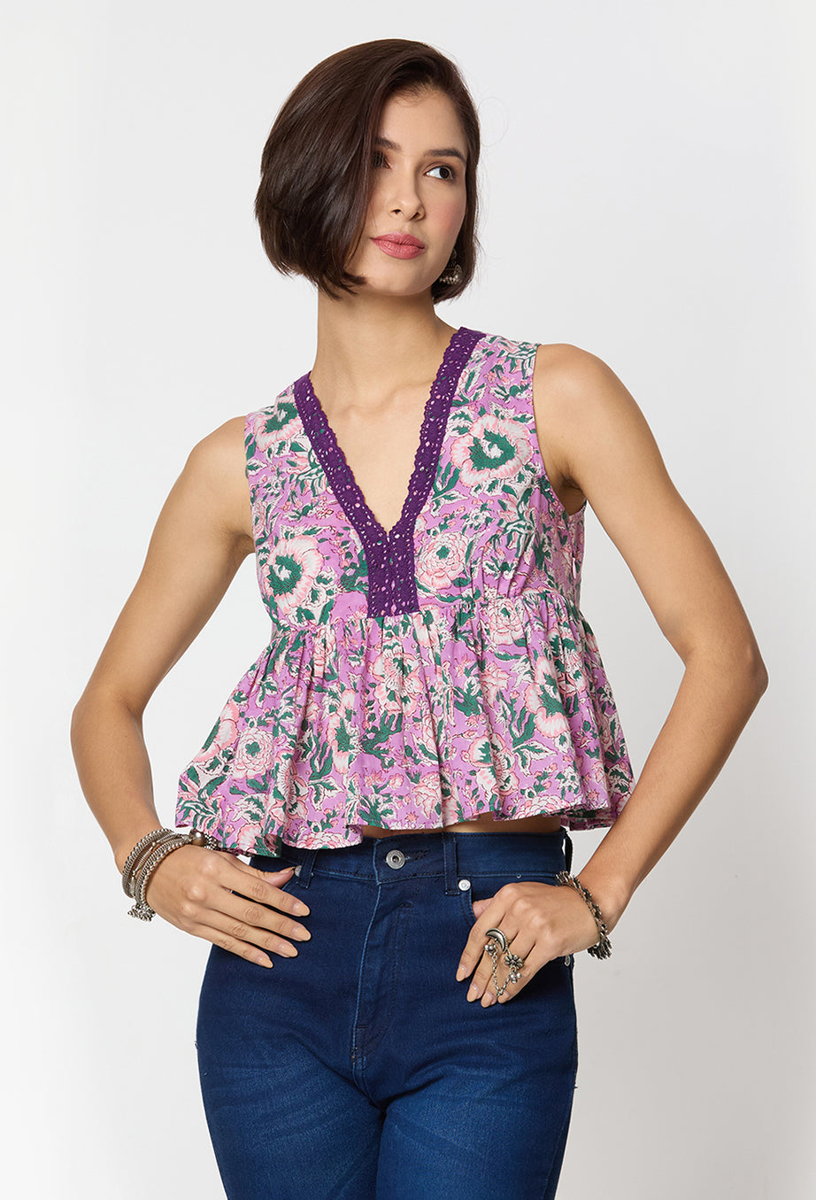 Purple and green Printed Top with Lace Detailing Along the Neck