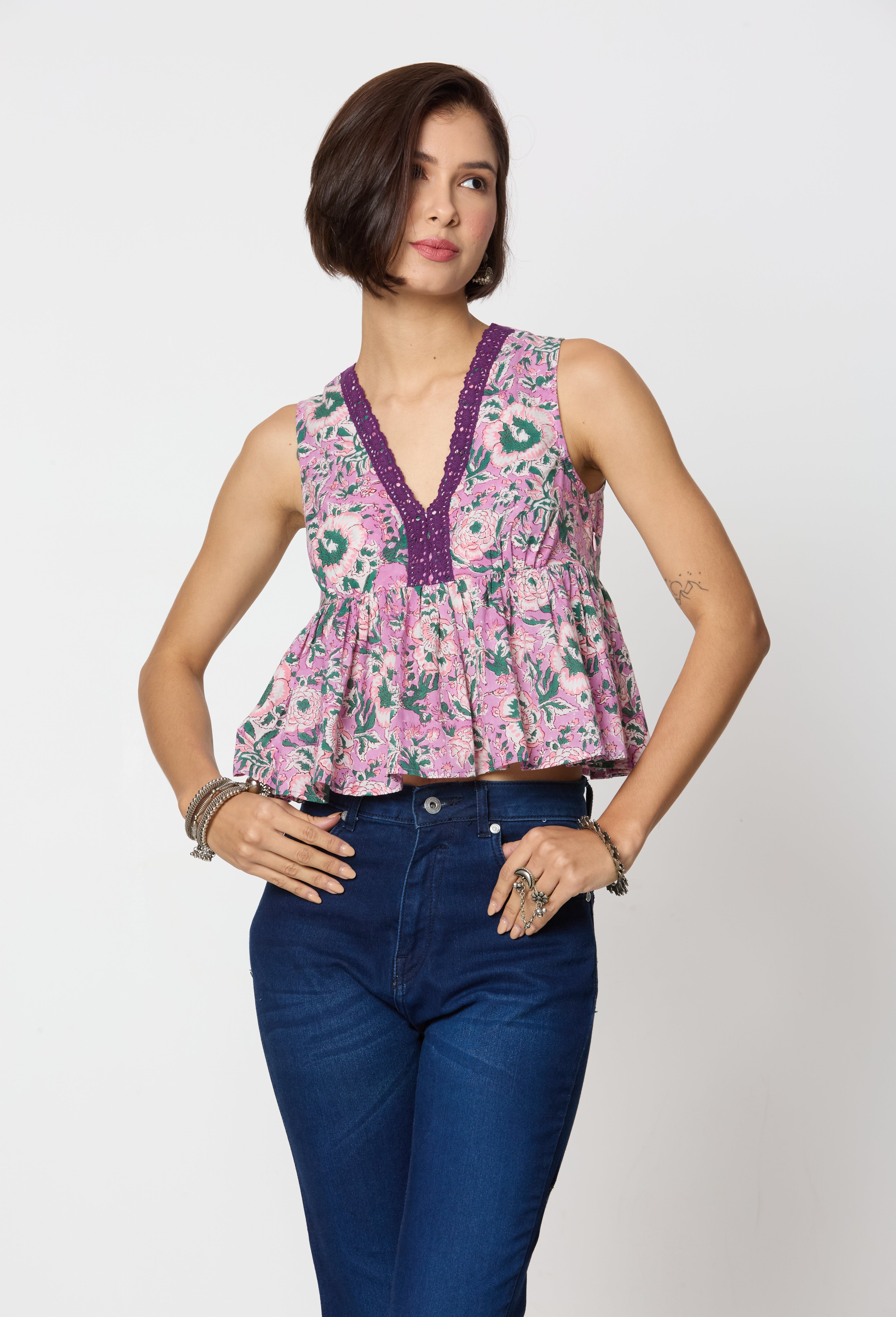 Purple and green Printed Top with Lace Detailing Along the Neck