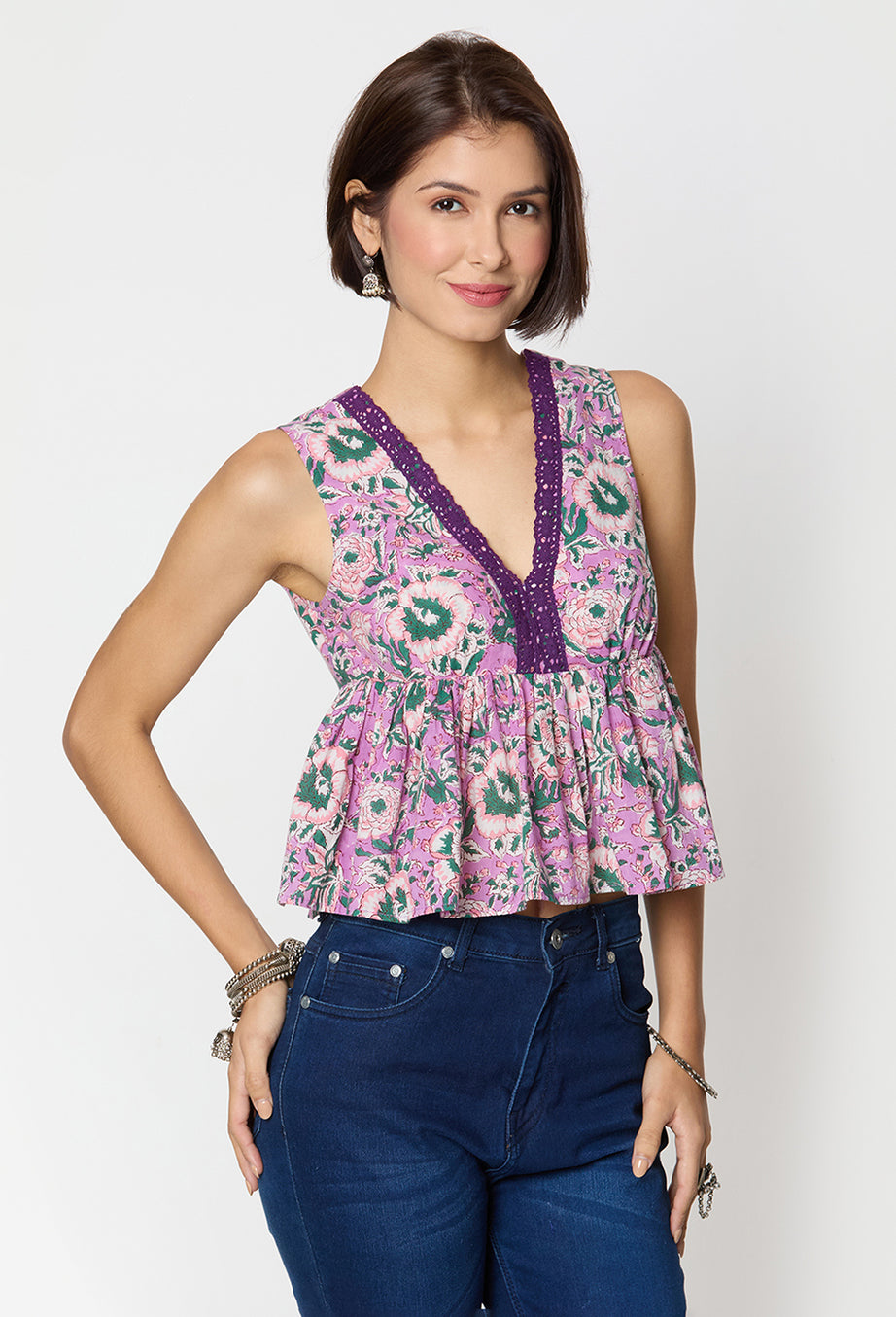 Purple and green Printed Top with Lace Detailing Along the Neck