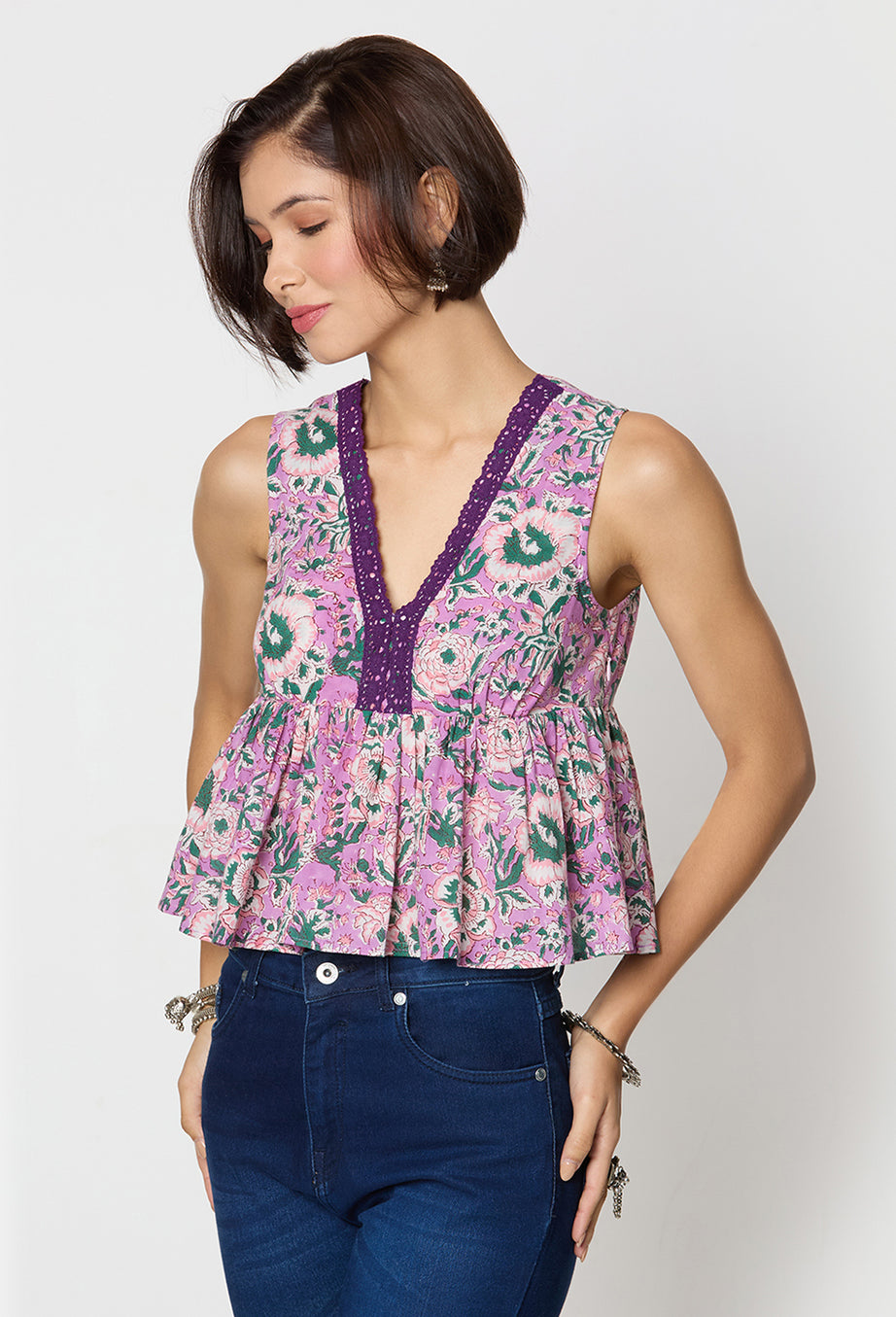 Purple and green Printed Top with Lace Detailing Along the Neck
