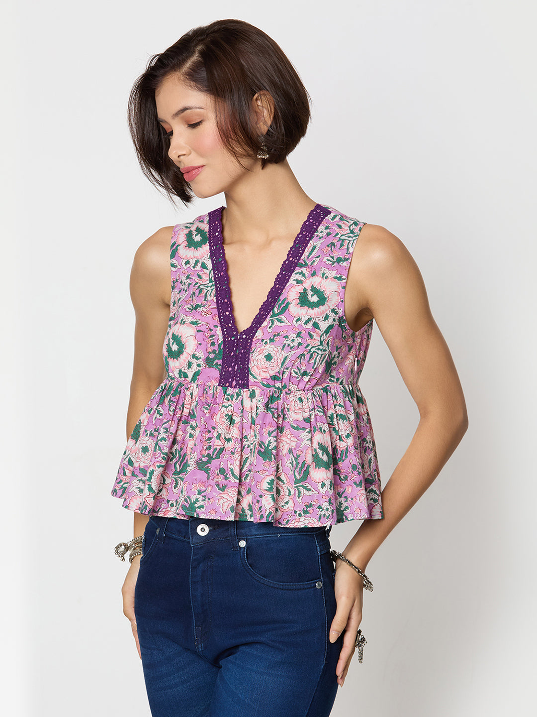 Purple and green Printed Top with Lace Detailing Along the Neck