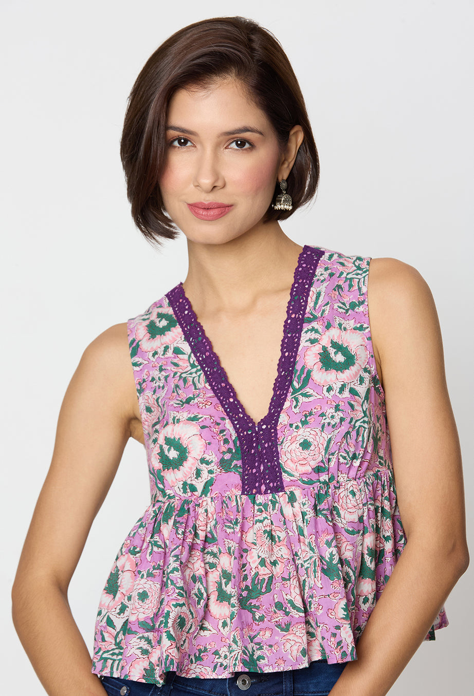 Purple and green Printed Top with Lace Detailing Along the Neck