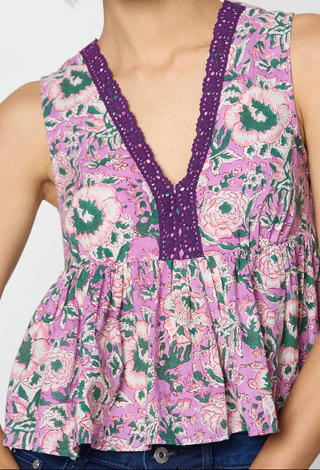 Purple and green Printed Top with Lace Detailing Along the Neck Desi Core