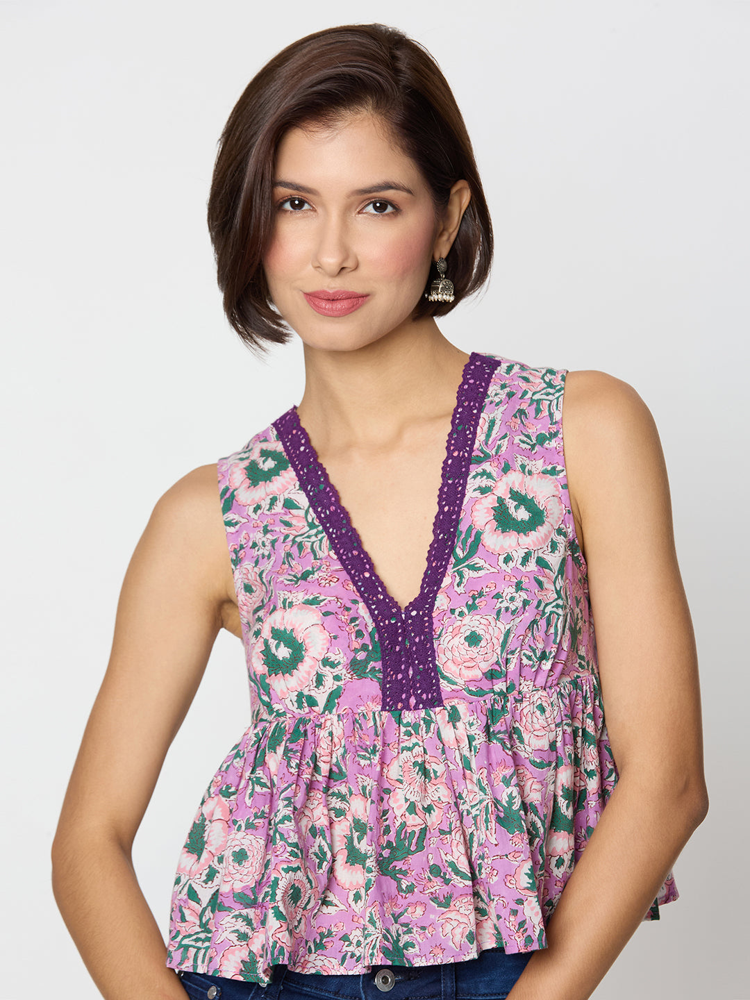 Purple and green Printed Top with Lace Detailing Along the Neck