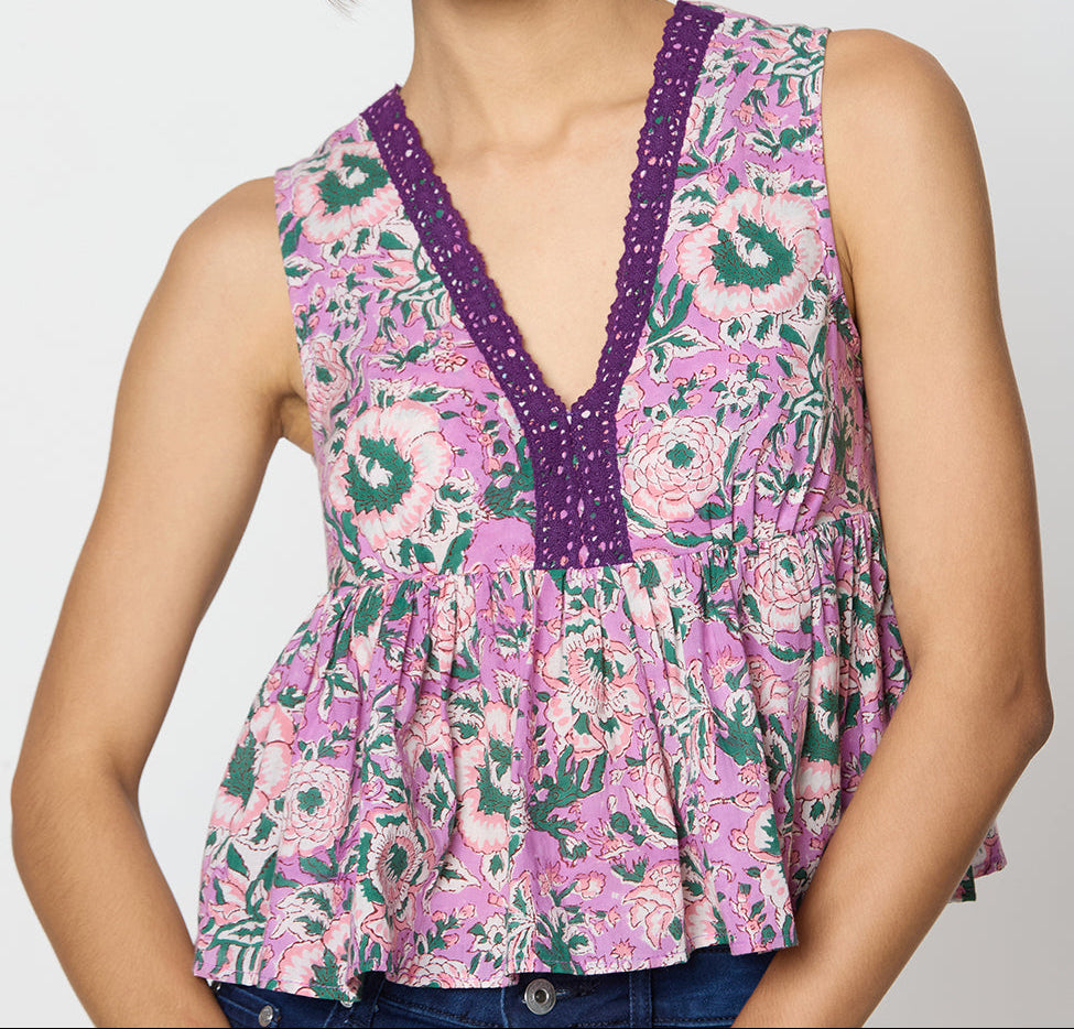 Purple and green Printed Top with Lace Detailing Along the Neck Desi Core
