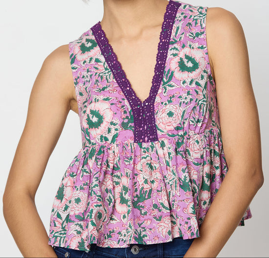 Purple and green Printed Top with Lace Detailing Along the Neck Desi Core