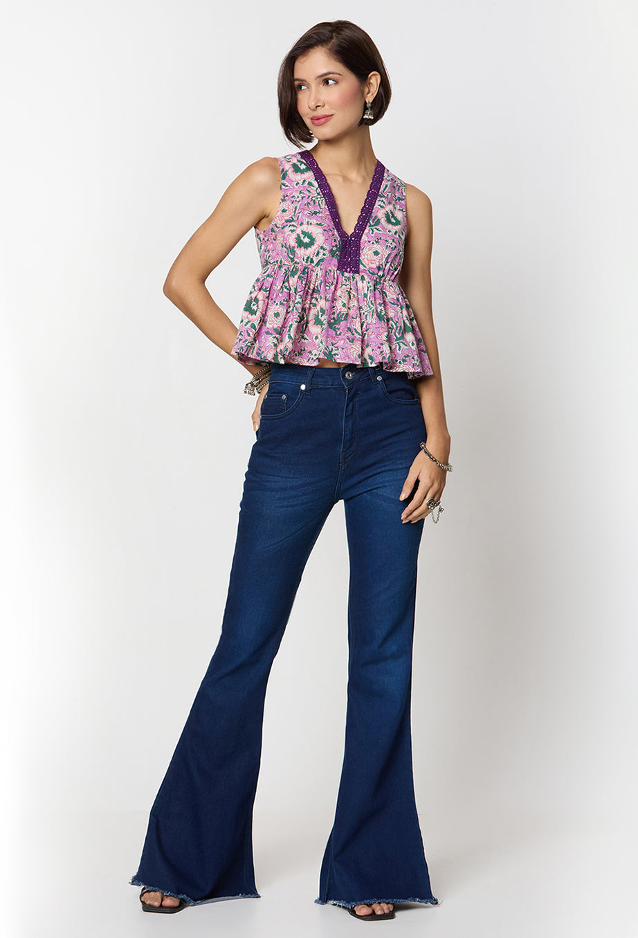 Purple and green Printed Top with Lace Detailing Along the Neck